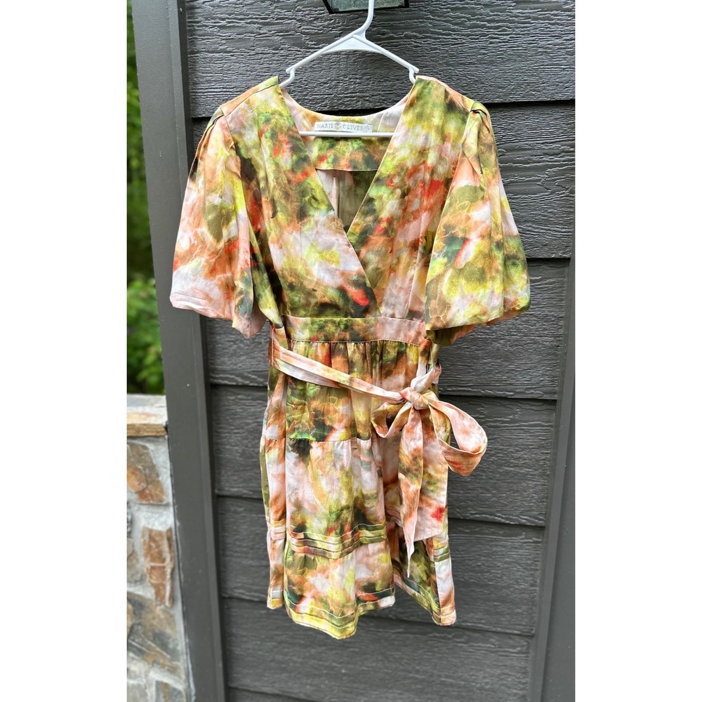 Marie Oliver Callie Belted Silk Cotton Blend Floral Puff Sleeve Mini Dress 10